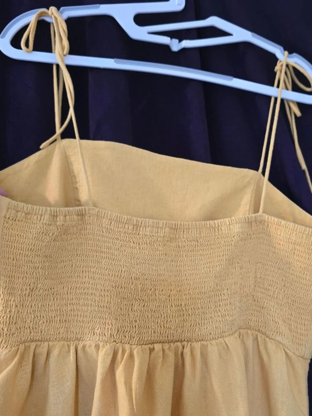 L Navy Mustard Yellow Linen Mini Dress Square Neckline, Thin straps, Fit & Flare